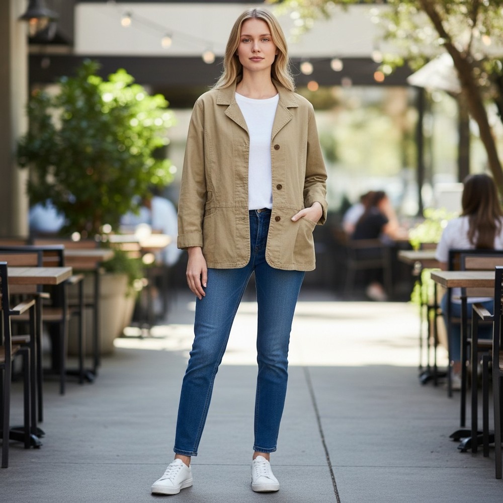 Woolrich Womens Khaki Linen Blend Blazer Jacket XL Dark Stone Tan Button Front